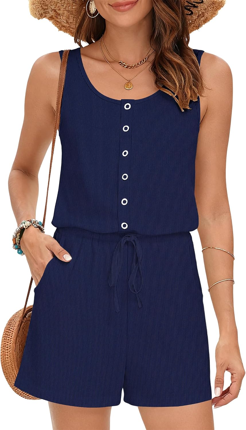 MISFAY Women's Sleeveless Romper Button Scoop Neck Jumpsuit Pockets | Metal Buttons, Elastic High Waist, Soft Stretchy Breathable, Flowy Loose Fit, Summer Beach Vacation, Machine Washable