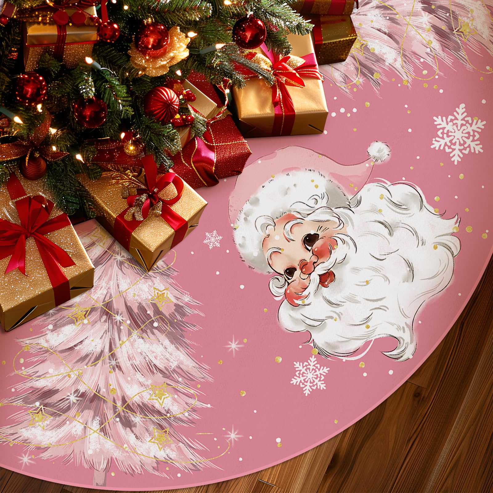 QIONG MENG Christmas Tree Skirt Pink Tree Skirts Santa Claus Xmas Tree Skirt Tree Mat 24 Inch Winter Christmas Pink Decorations for Home