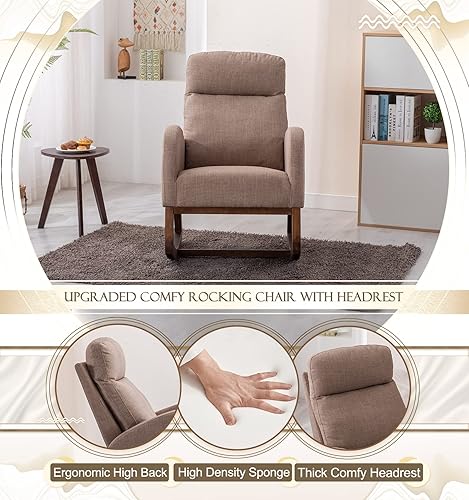 Miniatura 3 de KINFFICT Cómoda mecedora, tapizada para guardería o relajación, sillón de sala de estar con respaldo alto y reposacabezas, moderno balancín con