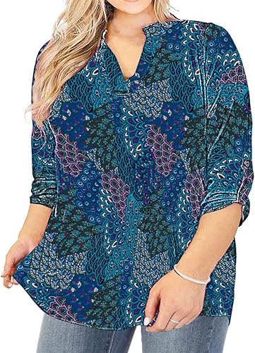 AMCLOS Camisetas de talla grande para mujer, cuello en V, blusas casuales, suaves, holgadas, túnica larga, con pestañas enrollables, con botones