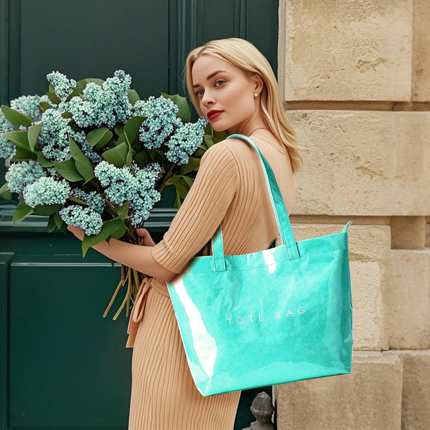 KALIDI PVC Zipper Tote Bag, Jelly Kraft Paper Beach Bag Large Hobo Carry All Travel Shopping Handbag Plastic Shoulder Bag - Image 3