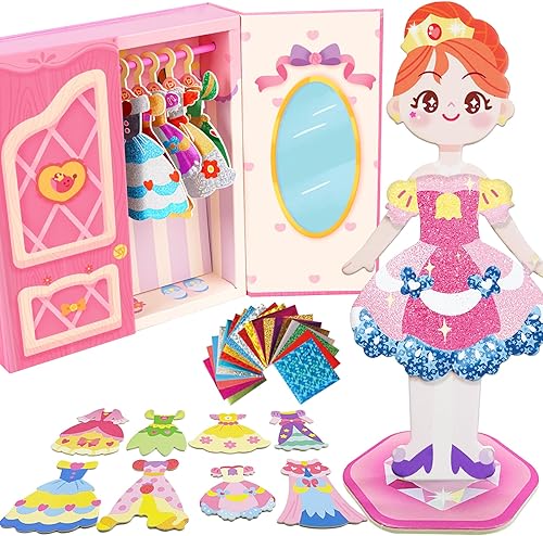 Toi Muñeca de papel de vestir con caja de almacenamiento de armario Calcomanías y disfraces DIY Juego de muñecas de vestir para niñas de 4 años en