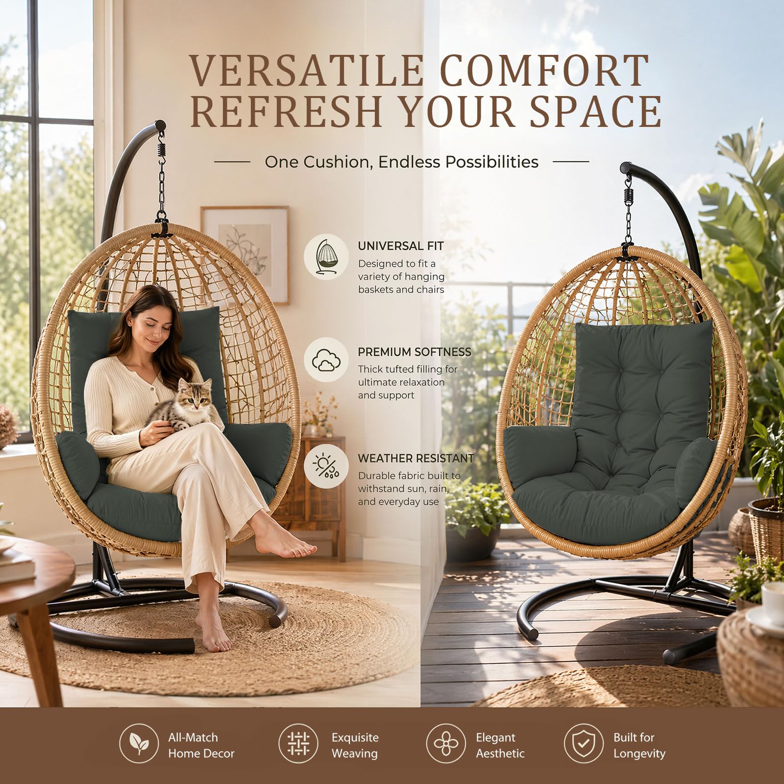 Hängesessel Kissen, Gepolstert Kissen für Hängesessel Outdoor, Wasserdicht Kissen für Hängesessel, Garten und Terrasse (Dunkelgrau)