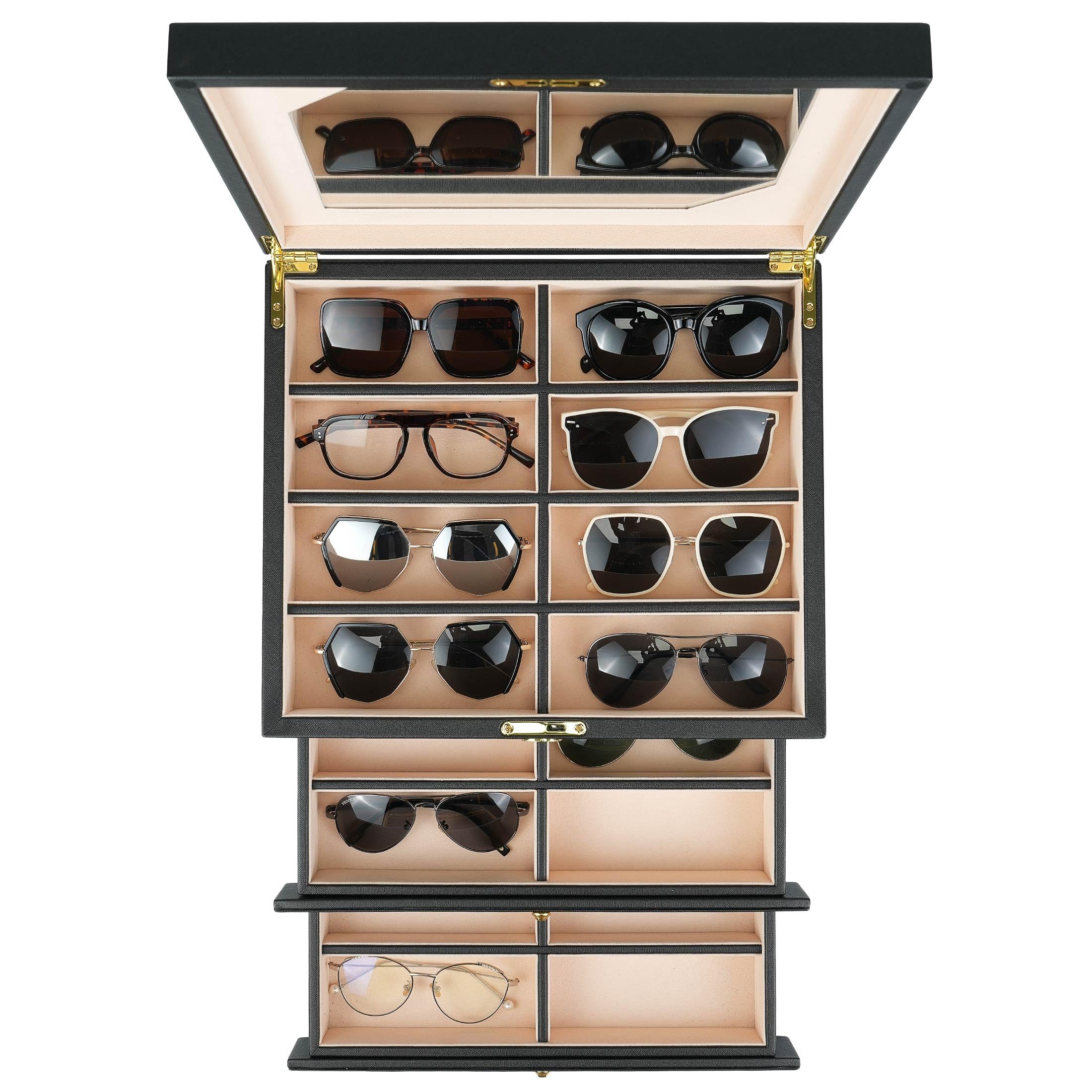 Luxuriöses Sonnenbrillenetui, 3-lagig, 24 Schlitze, Brillen-Organizer, Brillenaufbewahrungsbox für Damen und Herren, PU-Leder mit Spiegel (schwarzes PU)