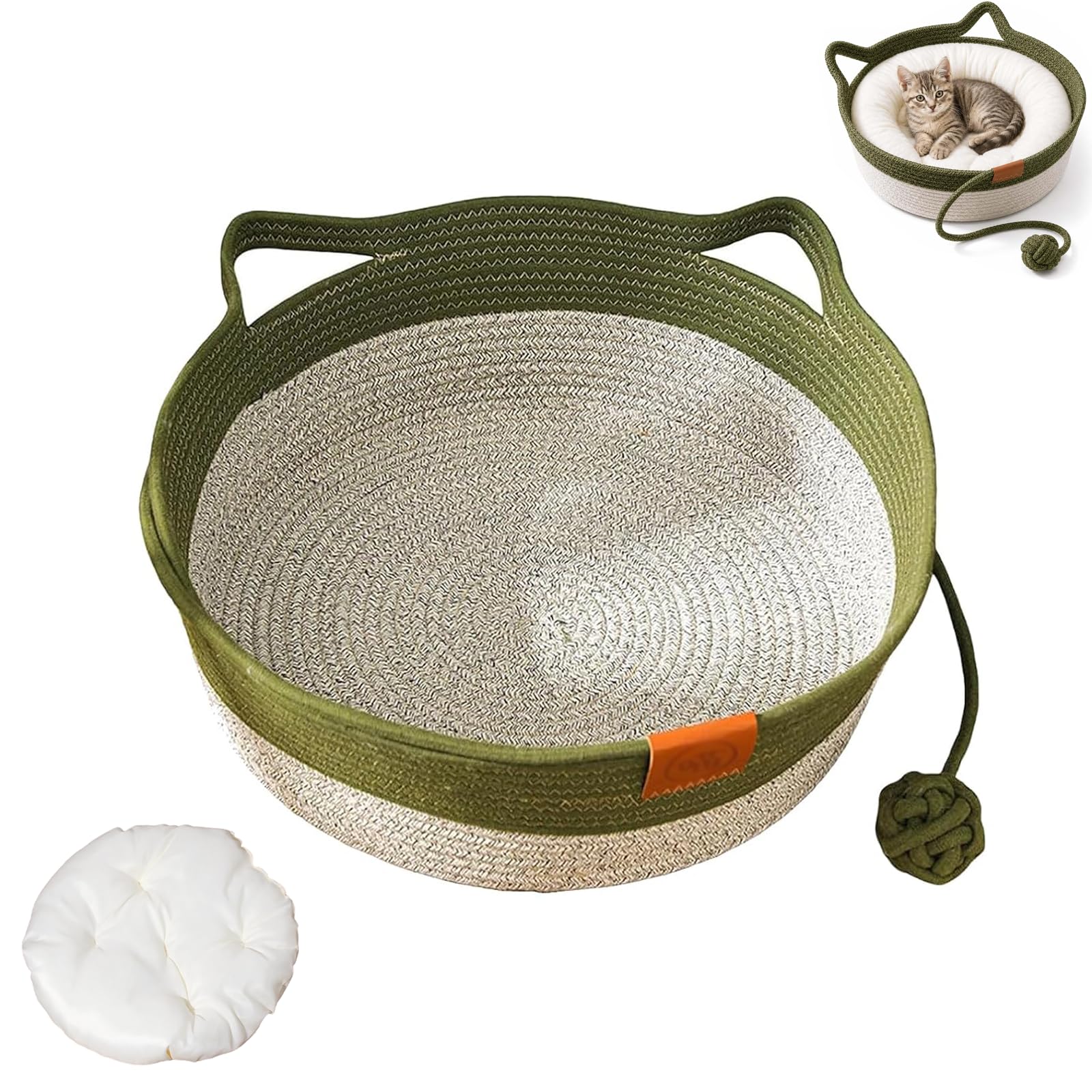 Handwoven Cat Basket, Cotton Rope Cat Bed Basket with Hanging Ball Toy & Cotton Mat, Foldable Breathable Scratching Pet Nest for Indoor Kittens, Boho Home Aesthetic Round (Green,S)