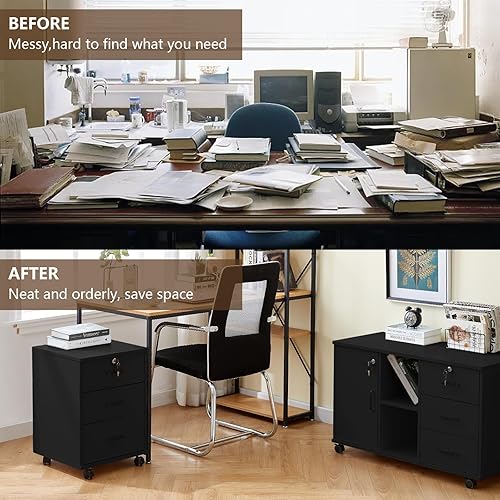 Miniatura 5 de TUKAILAi Archivador móvil con 3 cajones, unidad de almacenamiento con cerradura, archivador de madera con ruedas, para documentos de tamaño