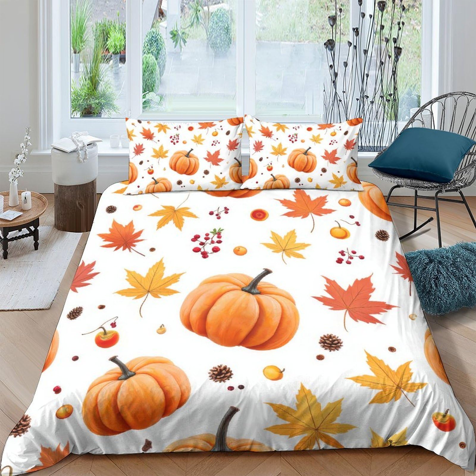 Ctjqhvkz Style-3 3D Printed Autumn Pumpkin Fitted Sheet Microfiber Soft Breathable Maple Leaves Bed Cover For Bedroom Dorm Decor Single（135X200cm）