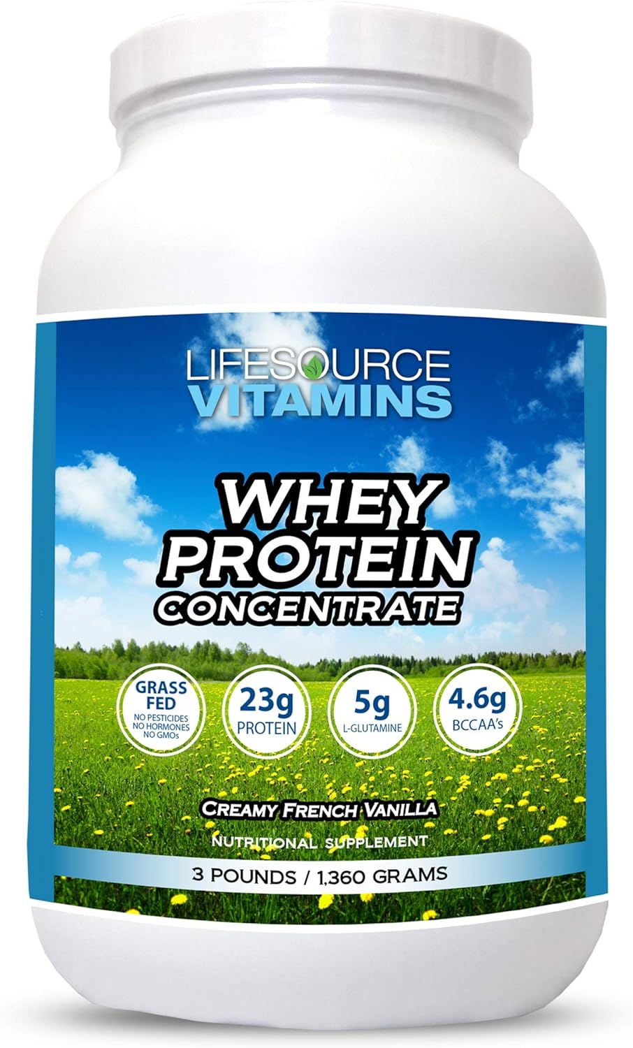 LifeSource Vitamins 3 lb Grass Fed Whey Protein Concentrate - Creamy French Vanilla w/Stevia - Free Priority Shipping