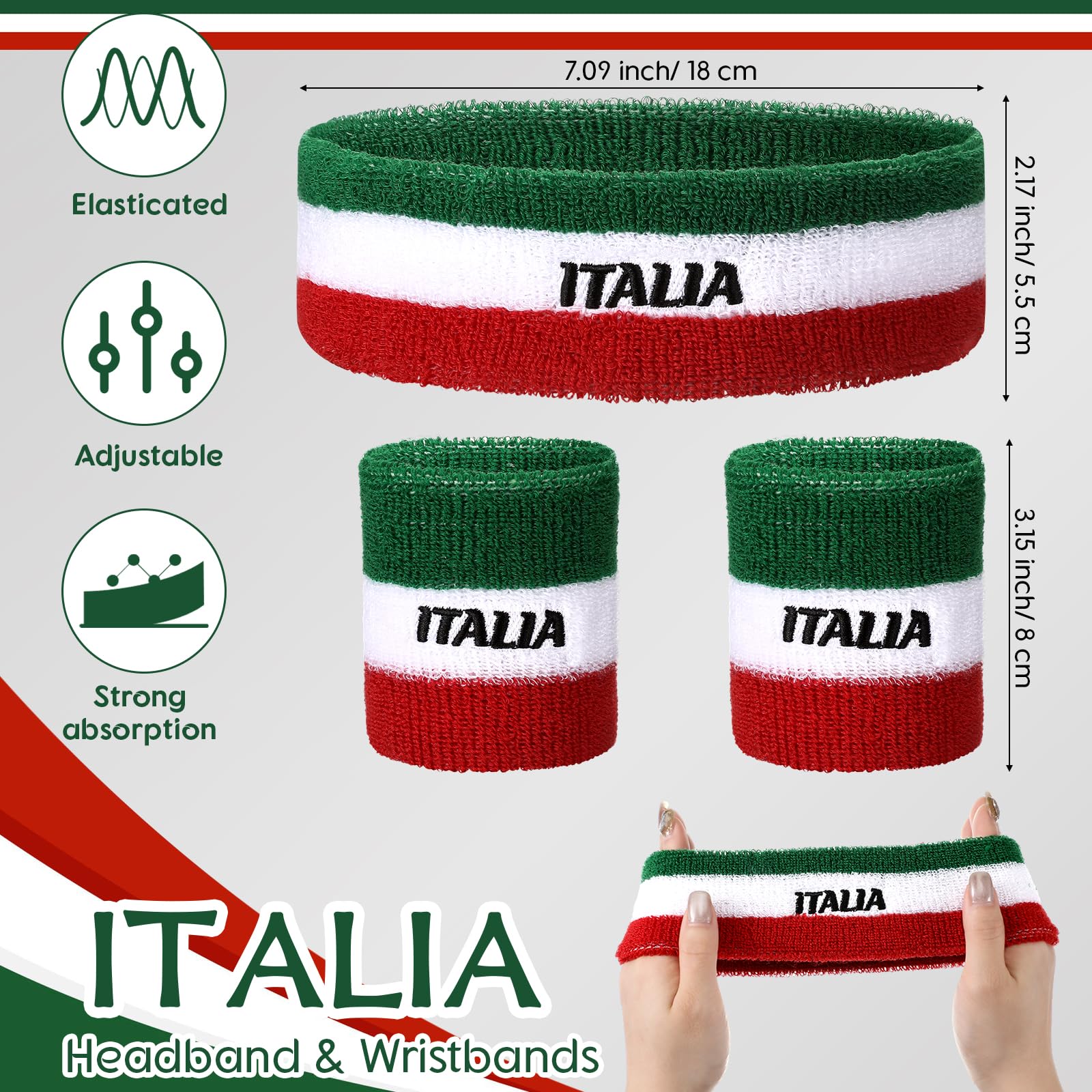 Jadive Italia Mexico USA Number 15 Sweatband Set Headband and Wristbands Includes 1 Head Sweatband and 2 Sports Wristband Costume Absorbing Headband USA Italy Mexico Costume (Italy,Red, White, Green)
