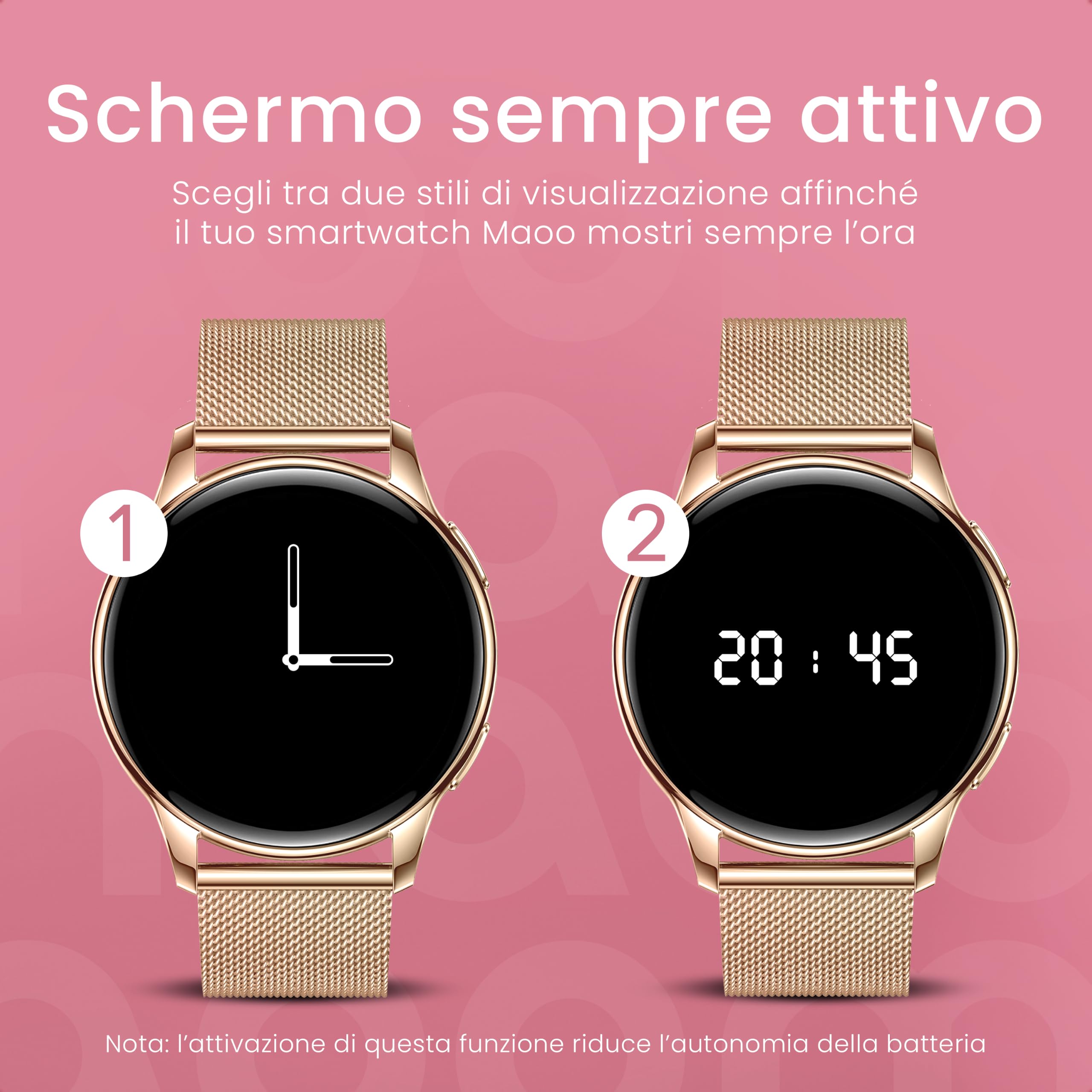 Maoo Ventura Smartwatch Donna con Chiamate, Display AMOLED 1,32”, Cardiofrequenzimetro, SpO₂, Pressione Sanguigna, 100+ Modalità Sportive, IP67, 5 Cinturini, Oro Rosa