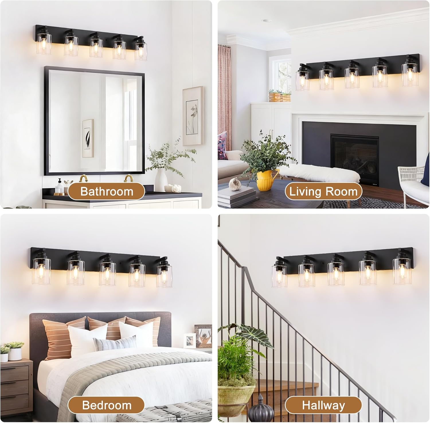 Black Bathroom Light Fixture, 5 Light Matte Black Vanity Light, 35.4" Modern Bathroom Lighting Fixtures Over Mirror, with Clear Glass Shade, Vanity Lights for Bathroom Bedroom Hallway