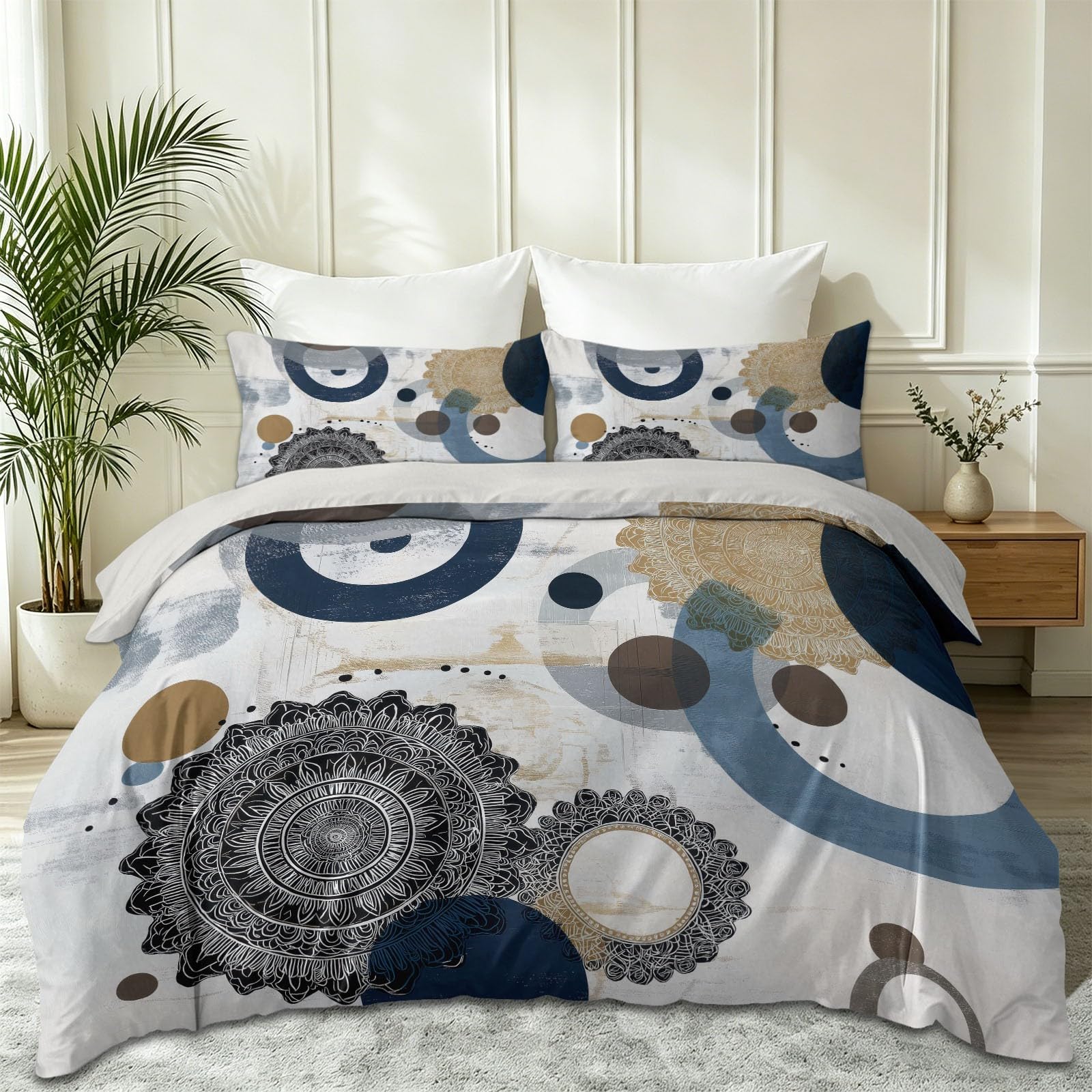 Nowoczesny geometryczny zestaw pościeli 3-częściowy w kółkach, miękka i odporna na zagniecenia poszwa na kołdrę 140 x 200 cm i 2 poszewki na poduszki 80 x 80 cm, 2-osobowy zestaw pościeli z zamkiem