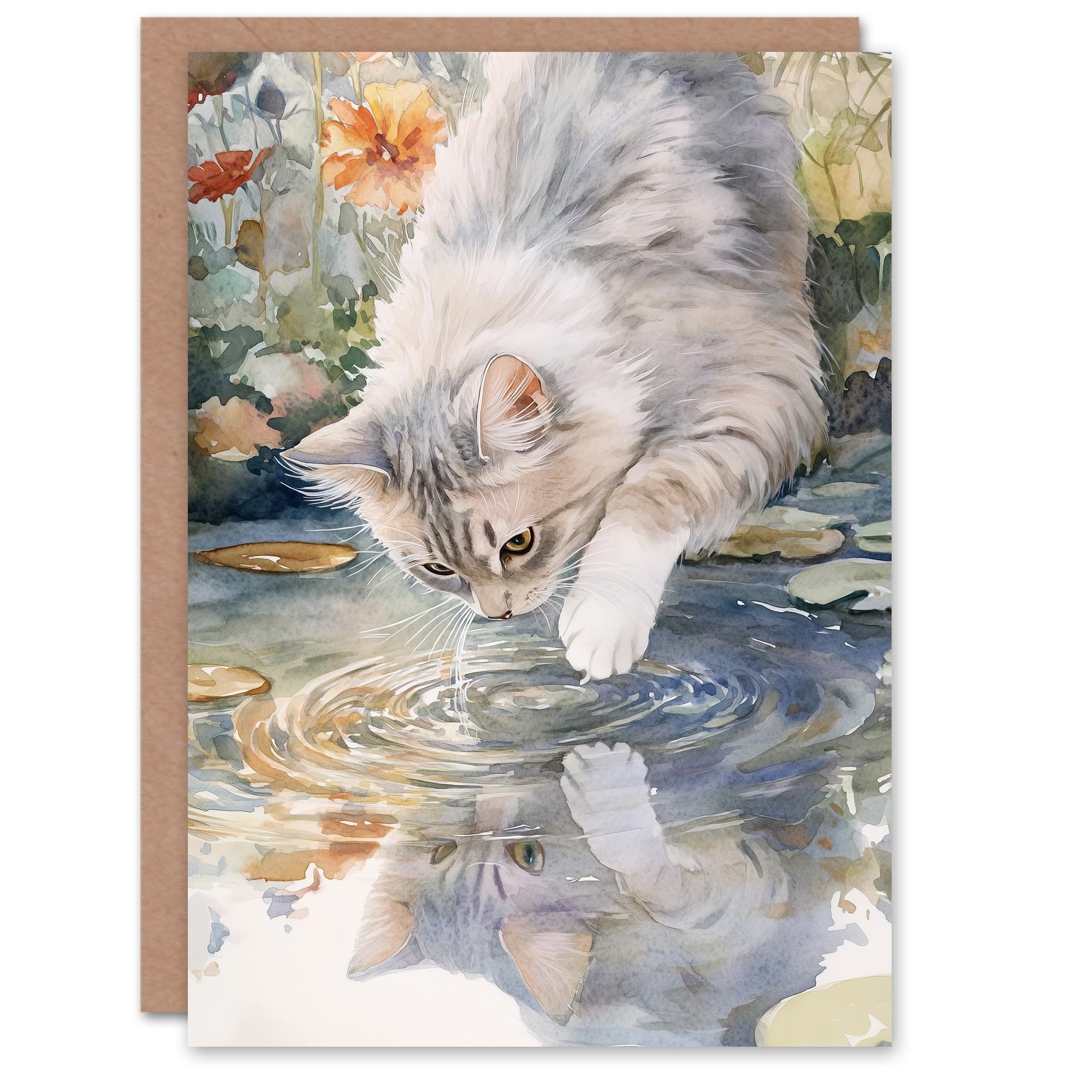Artery8 Greeting Card Cat Lover Cute Kitten Pond Lake Watercolour For Her Woman Birthday Card