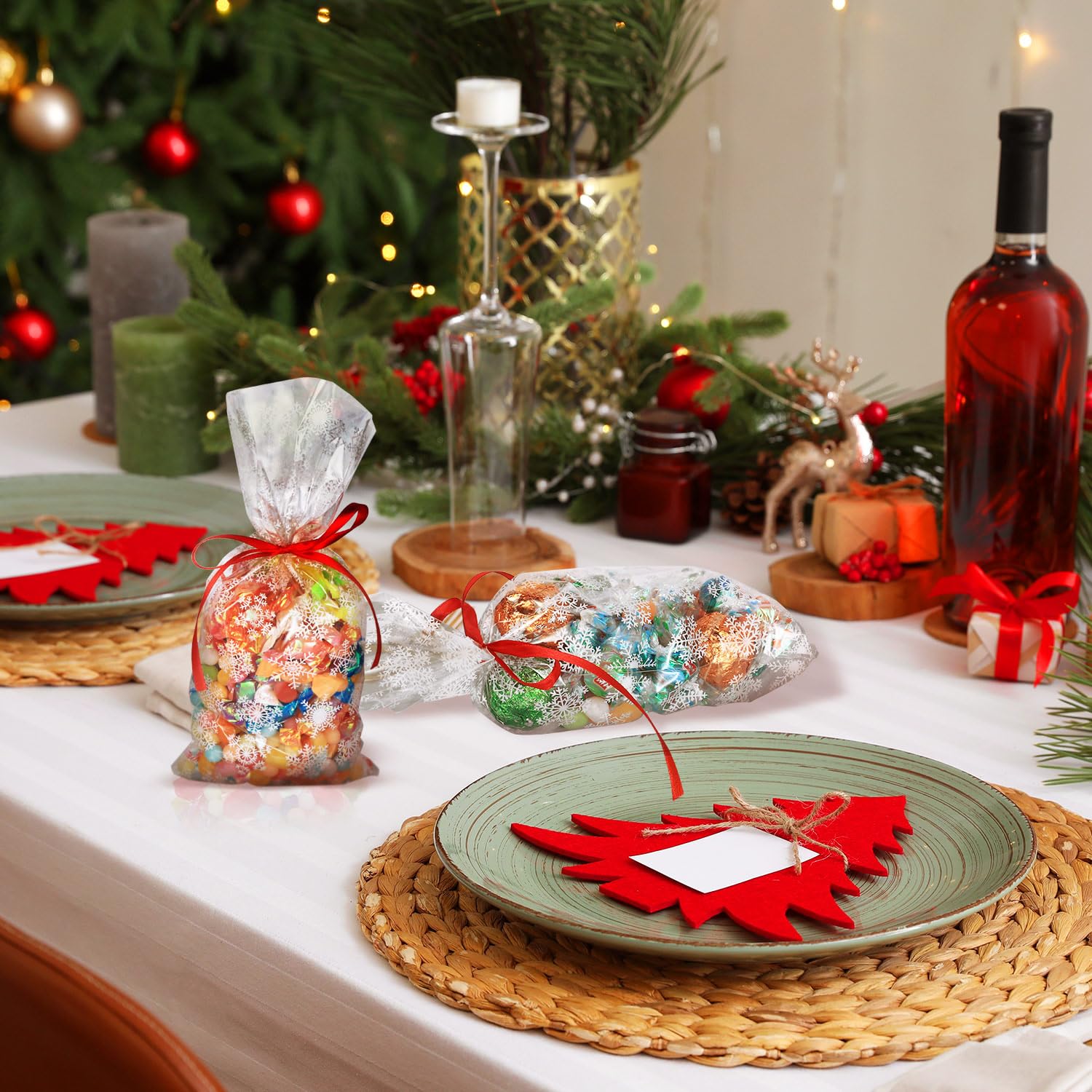 100 Bolsas De Celofán Navideñas Con 200 Lazos - Diseño Copo De Nieve, Para Dulces Y Regalos