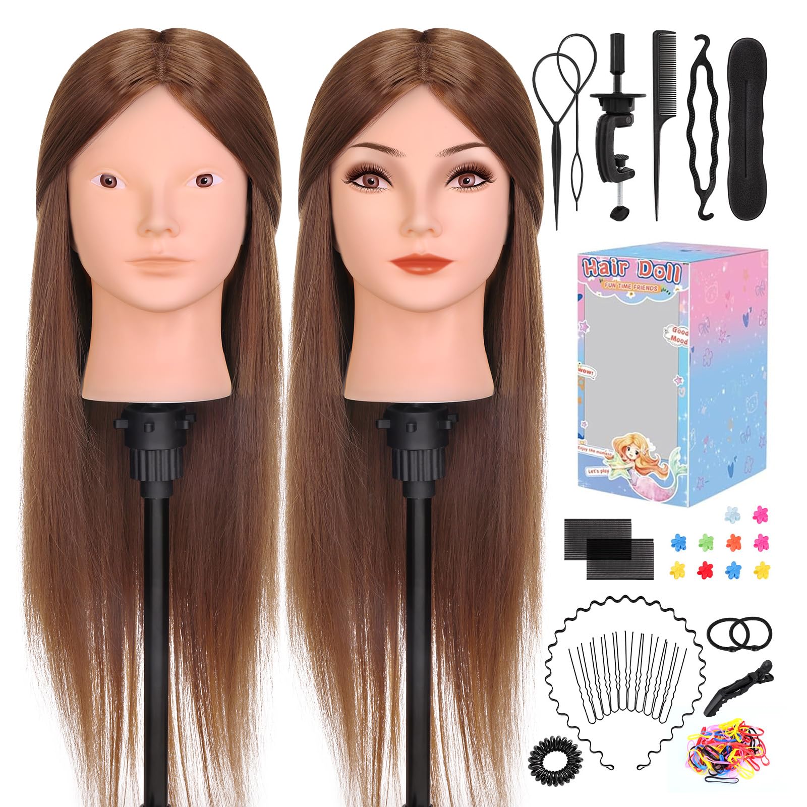 Cabeza de Peluqueria, Yofuly 26inch Cabeza Maniquí, 80% Cabello Humano, Cabeza Práctica Modelo Maniqui de Cosmetología con Abrazadera de Mesa y Juego de Trenzas de Cabello DIY Maniquí (castaño claro)