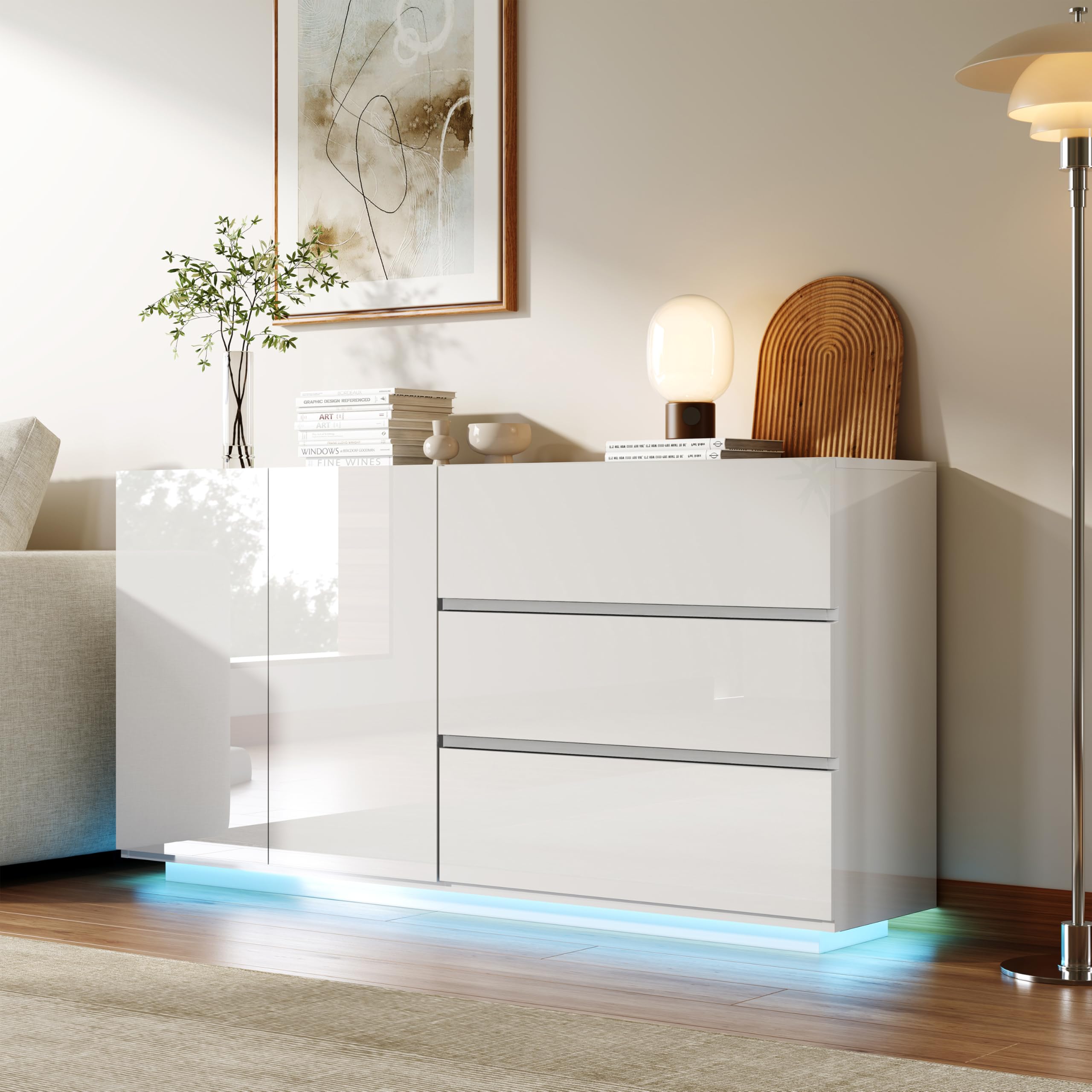 Nowoczesny biały połysk Credenza z oświetleniem LED, 3 otwory i 2 drzwi, szerokość 160 cm, do kuchni, salonu, jadalni, biura, przedpokoju, 160 x 35 x 76 cm