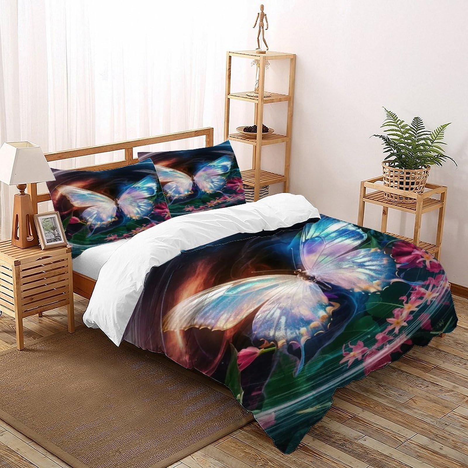 Housse de couette 3 pièces 260x220cm imprimé papillon 3D anti-plis