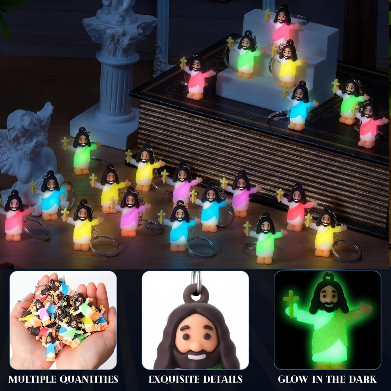 200 Pcs Easter Glow Mini Jesus Keychains, Easter Egg Fillers and Basket Stuffers, Glow in The Dark Little Jesus Keyring (Cross)
