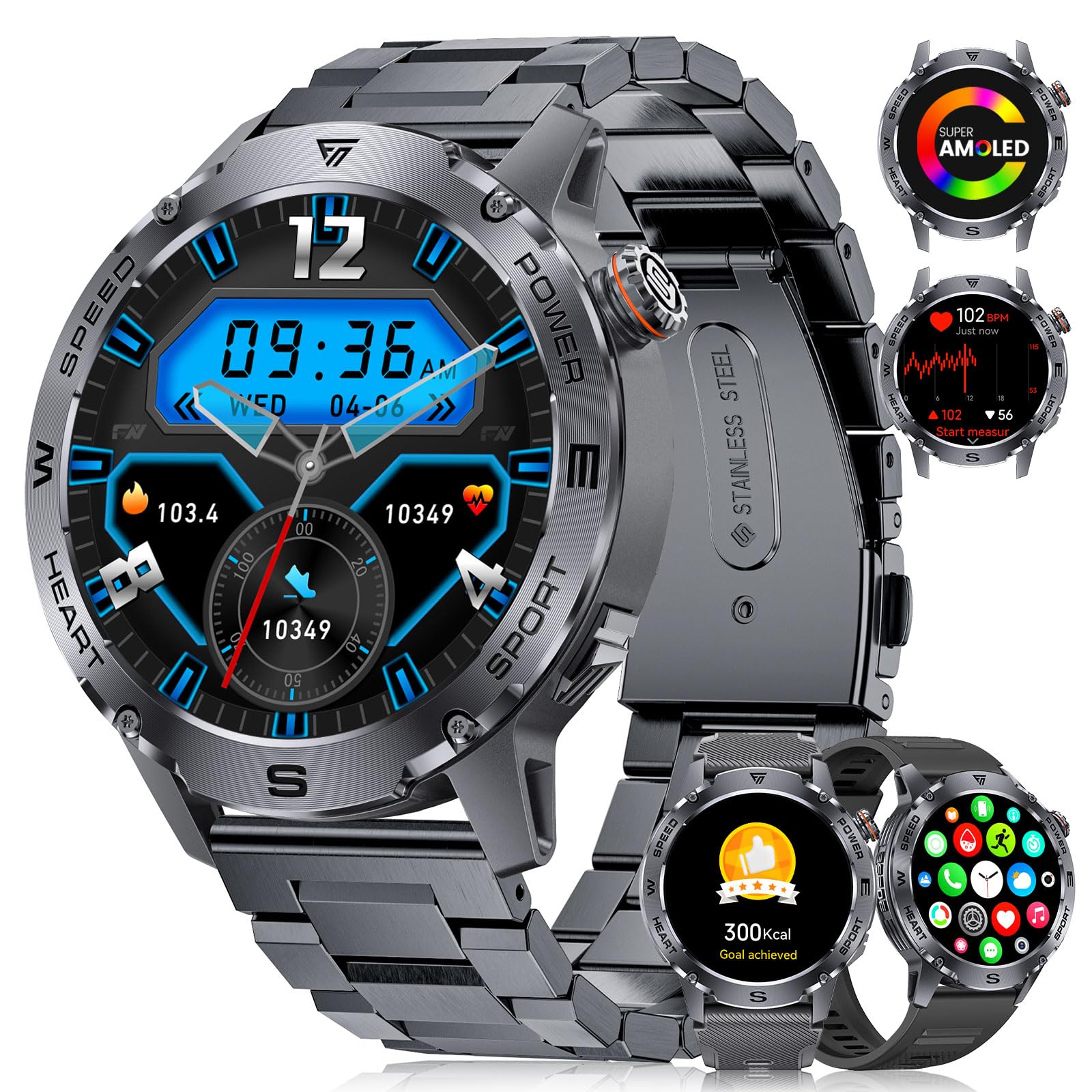 FITFLEX Smartwatch Herren mit Bluetooth-Anrufen, 1.43 Zoll Amoled Smart Watch Herren mit 120 Sportmodi, IP68 Wasserdicht Fitnessuhr mit Herzfrequenz/Schlafmonitor für Android iOS, 3 die Armbänder