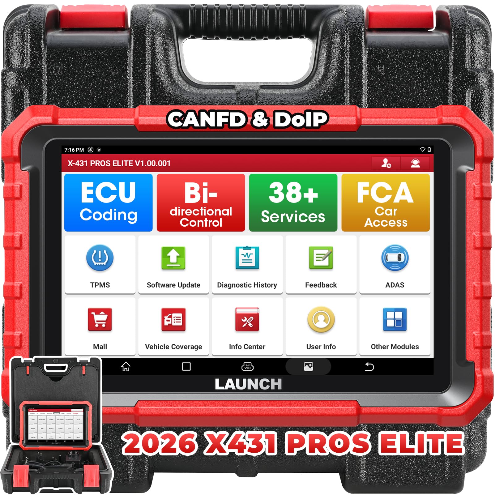 Launch X431 PROS Elite [2026 New Model] Fully Functional Bidirectional Scan Tool, CANFD&DOIP, ECU Coding, VAG Guided Function, FCA SGW Cars, 38+