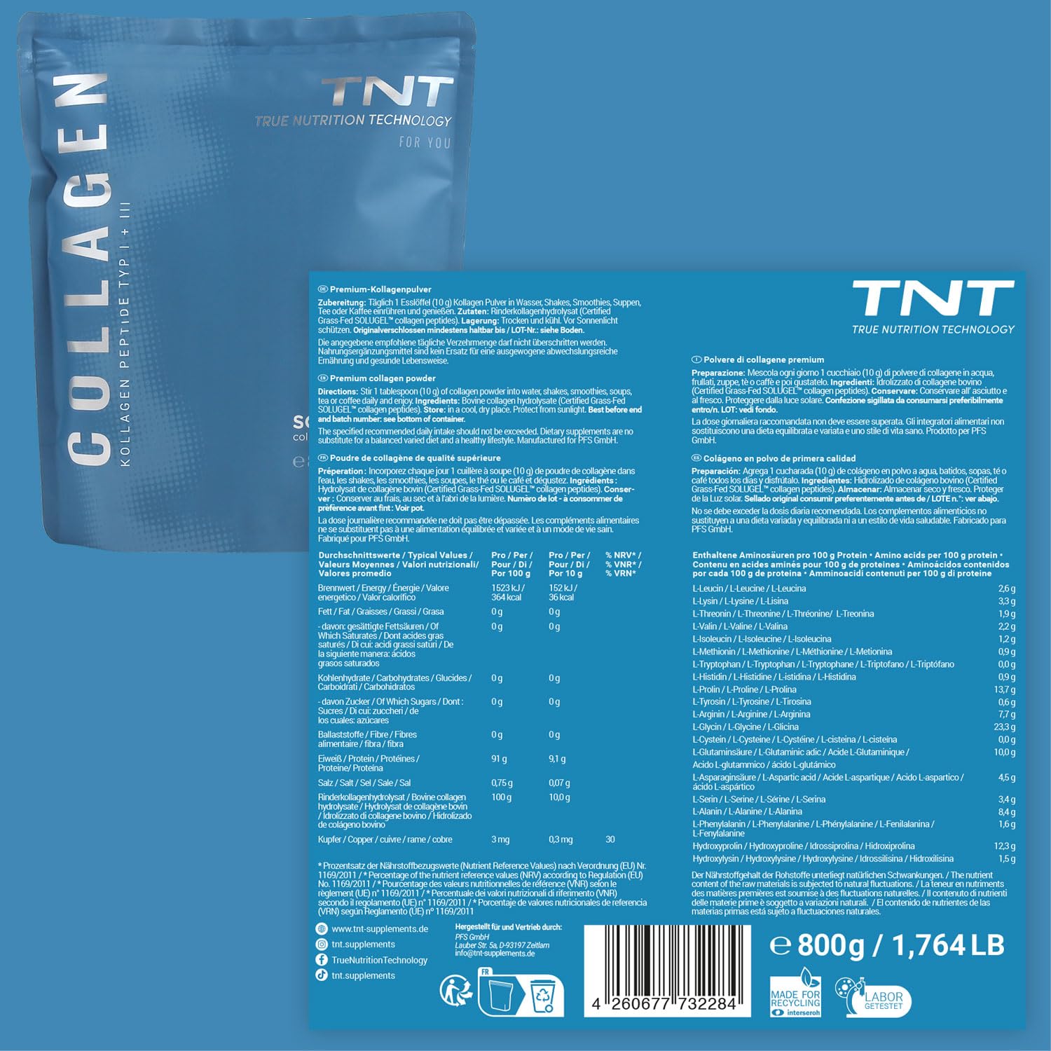 TNT Collagen Pulver - 800g - Peptide Typ 1 und 3 - Markenrohstoff Solugel