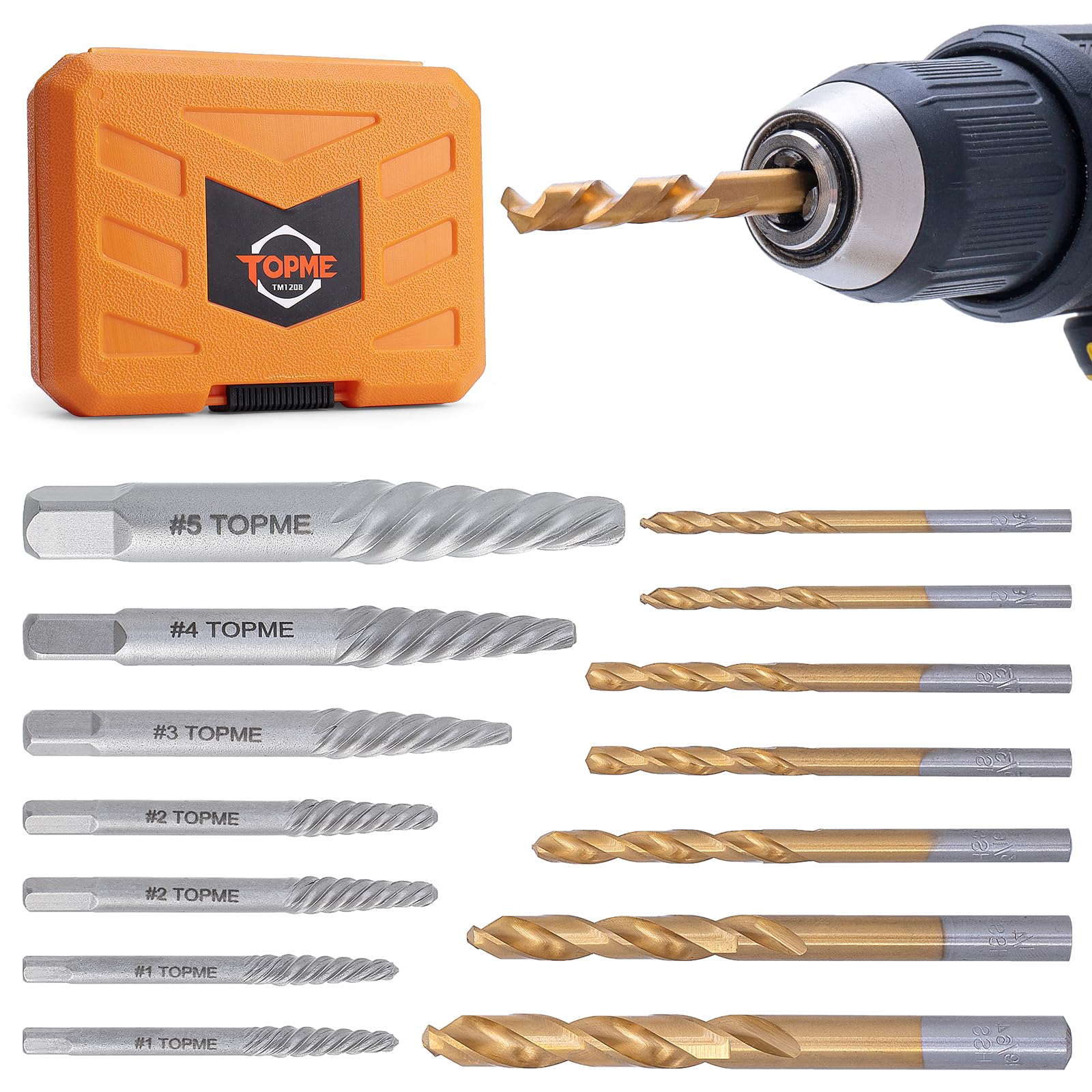 TOPME Screw Extractor Set, 14PCS Easy Out Screw Extractor Set and Left-Hand Drill Bit Set, Stripped Screw Extractor Set for Removing Damaged Screws,