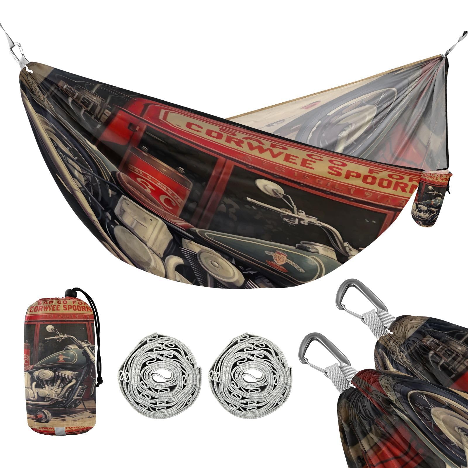 SDMKA Retro Style Motorcycle Camping Hammock, 330 lbs with 2 Tree Straps, Carry Bag, Single Portable Hammock for Outdoor/Indoor, Hiking, Beach, Backpacking, Travel