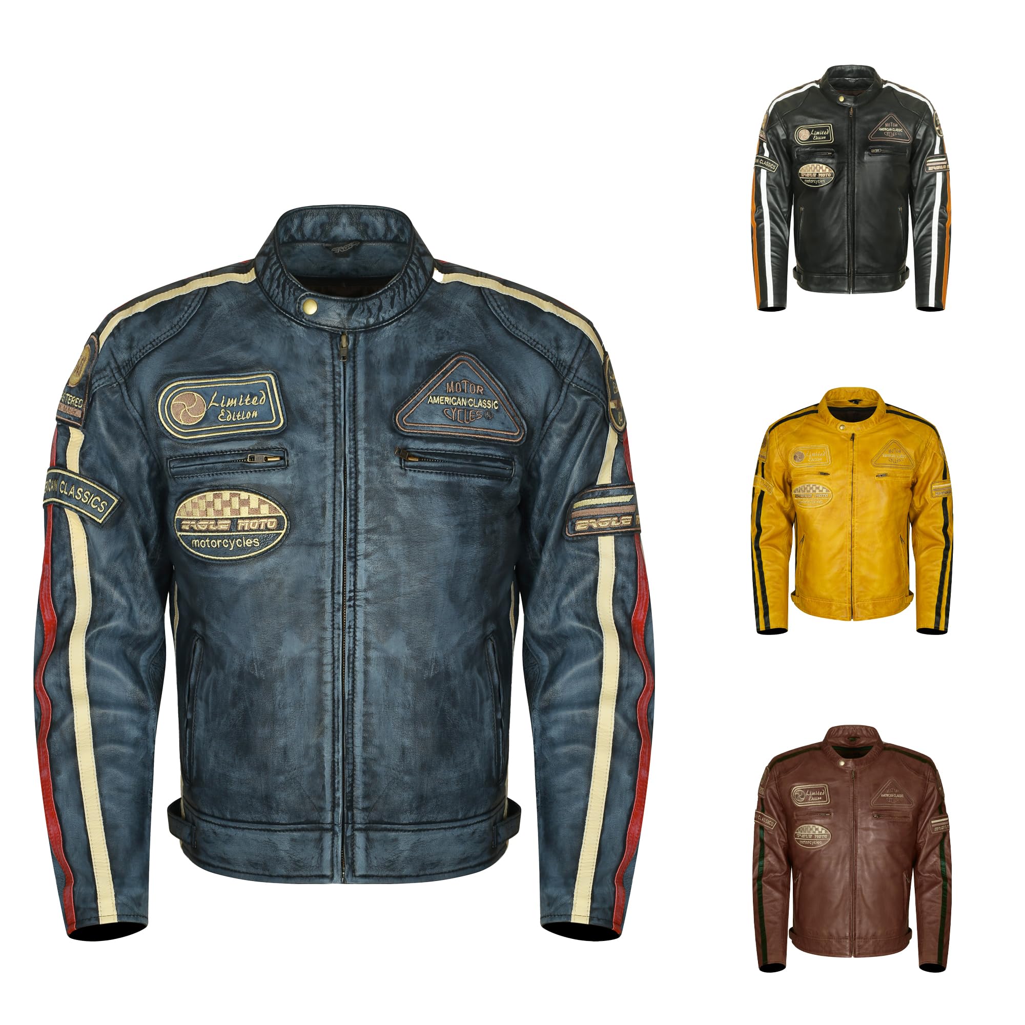 Générique Veste moto en cuir d'agneau pour homme Style Café Racer et Harley Custom Cirage vintage à la main avec certification CE