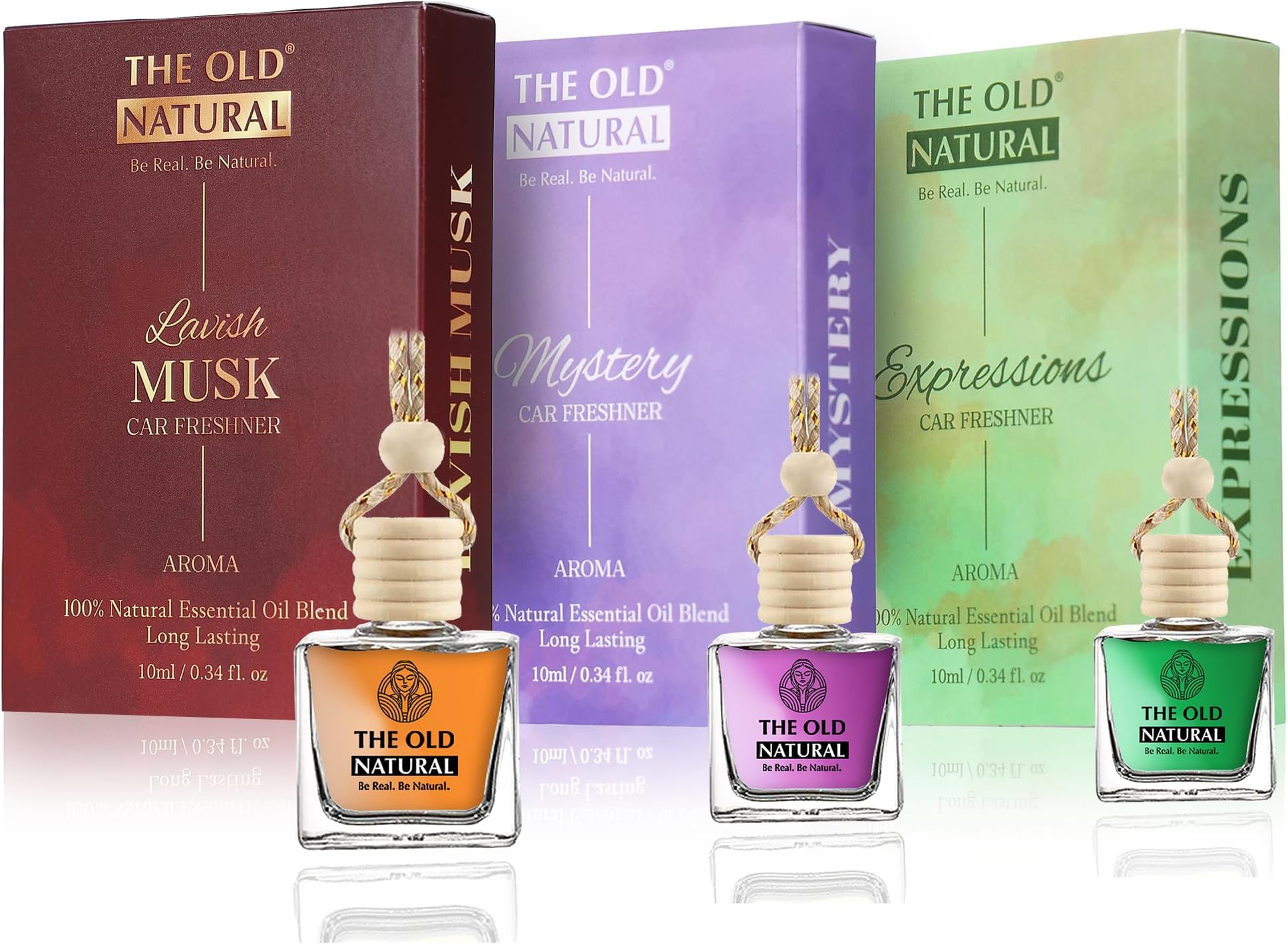 The Old Natural Car Freshener with Essential Oils Fragrance in Glass bottle with Wooden Diffuser Lid | Expressions, Mystery and Lavish Musk Car Freshener Combo Pack (10 * 3ml)