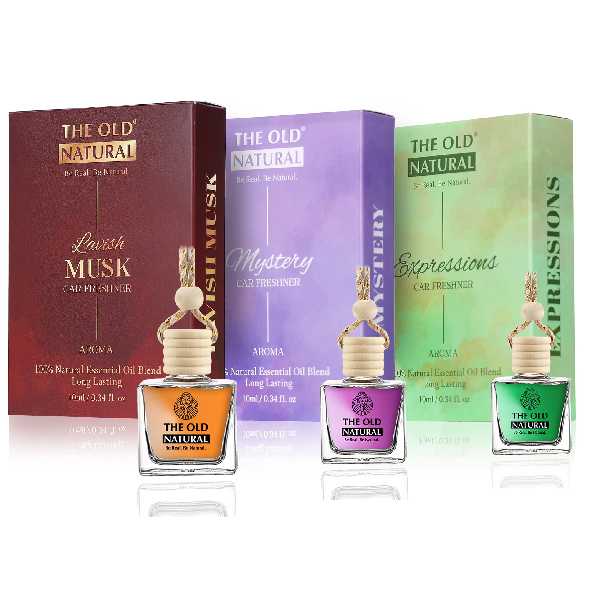 The Old Natural Car Freshener with Essential Oils Fragrance in Glass bottle with Wooden Diffuser Lid | Expressions, Mystery and Lavish Musk Car Freshener Combo Pack (10 * 3ml)