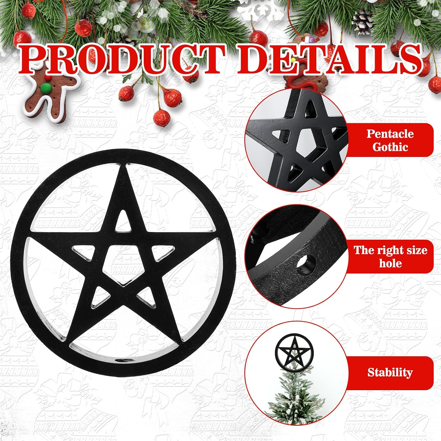 Hillban 7 Inch Black Pentagram Christmas Tree Topper Star Gothic Christmas Tree Topper Vintage Wooden Holiday Pentacle Decor for Xmas Party Indoor Outdoor Home Decoration