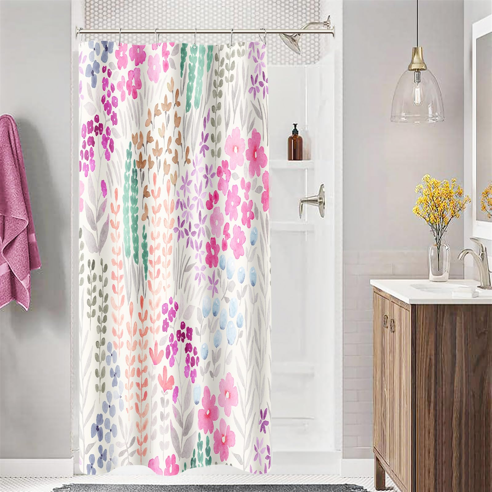 MAYZUS Small Stall Shower Curtain 36 x 72 Inch, Half Narrow Cute Floral Shower Curtain for Bathroom, Hot Pink Wildflower Boho Cottagecore Fabric Shower Curtain Set with Hooks