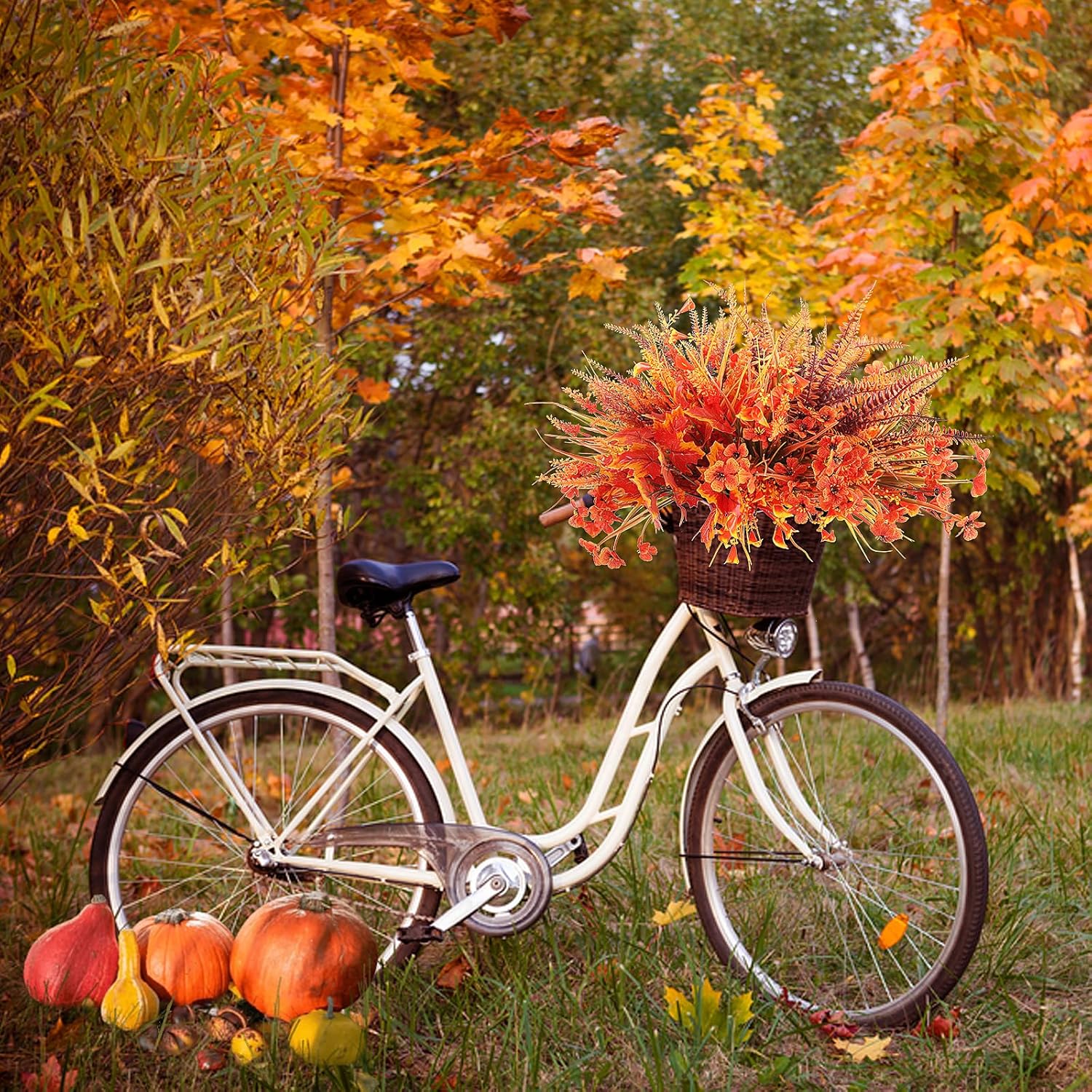 21 Bundles 9 Styles Artificial Fall Flowers for Outdoors Fall Decorations - UV Resistant Fall Plants Boxwood Fake Mums Maple Leaves Dasiy for Autumn Porch Patio Indoor Thanksgiving Window Box Decor