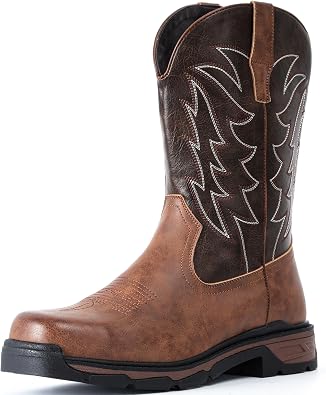 ANGRYRAM Steel Toe Cowboy Work Boots for Men Safety Square Toe Western Boot | ASTM Certified, Comfortable Leather Slip Resistant Steel Toe Boots, Construction, Warehouse, Farm & Outdoor Work Applicable