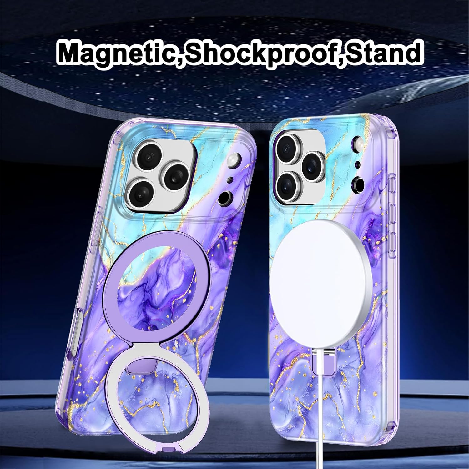 for iPhone 17 Pro Case,[Compatible with MagSafe][Magnetic Invisible Ring Stand],Shockproof Protective Slim Women Girl Case for Apple iPhone 17 Pro 6.3 inch,Purple Marble - Image 9