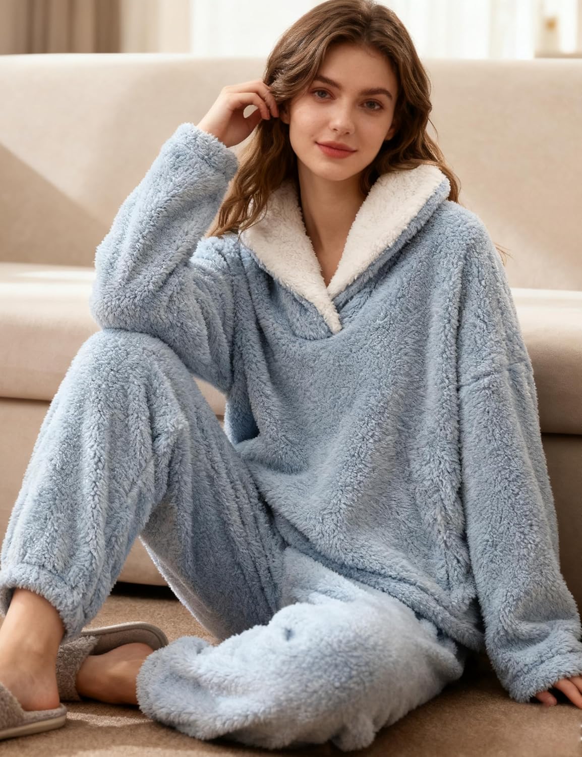 Faleave Womens Winter Fluffy Pajamas Set Warm Fleece Pants Pullover Plush Sleepwear - Image 7