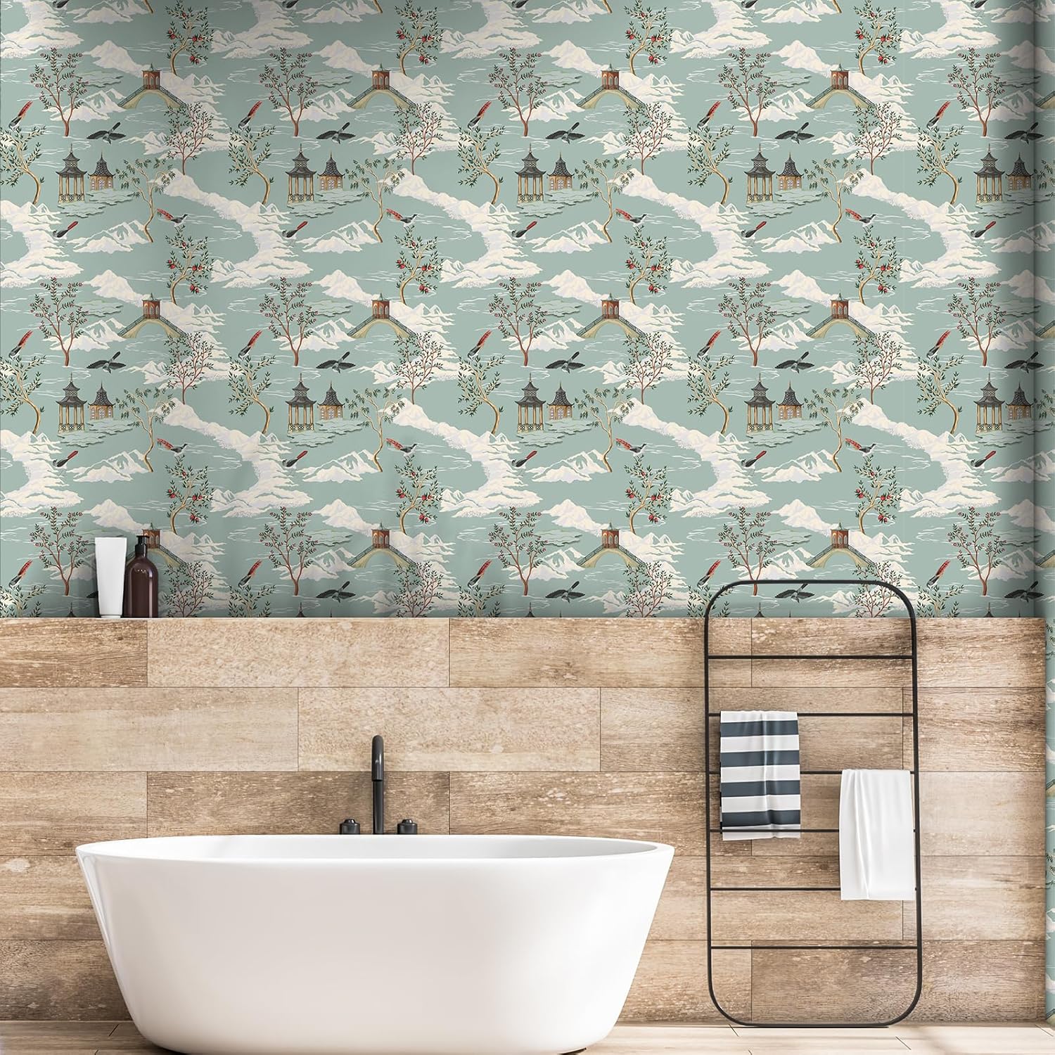 VaryStyle 17.7"x118" Chinoiserie Landscape Wallpaper Sage Green Peel and Stick Wallpaper Vintage Mountain Tree Floral Wall Paper Removable Self Adhesive Contact Paper for Cabinets Bedroom Living Room