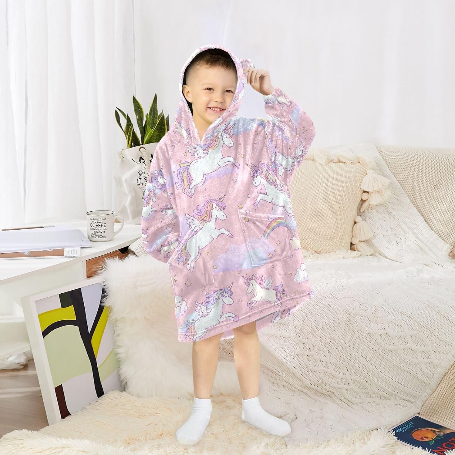 Kigai Unicorns Wearable Blanket Hoodie for Kids Oversized Hooded Blanket Warm & Cozy Sweatshirt with Pockets