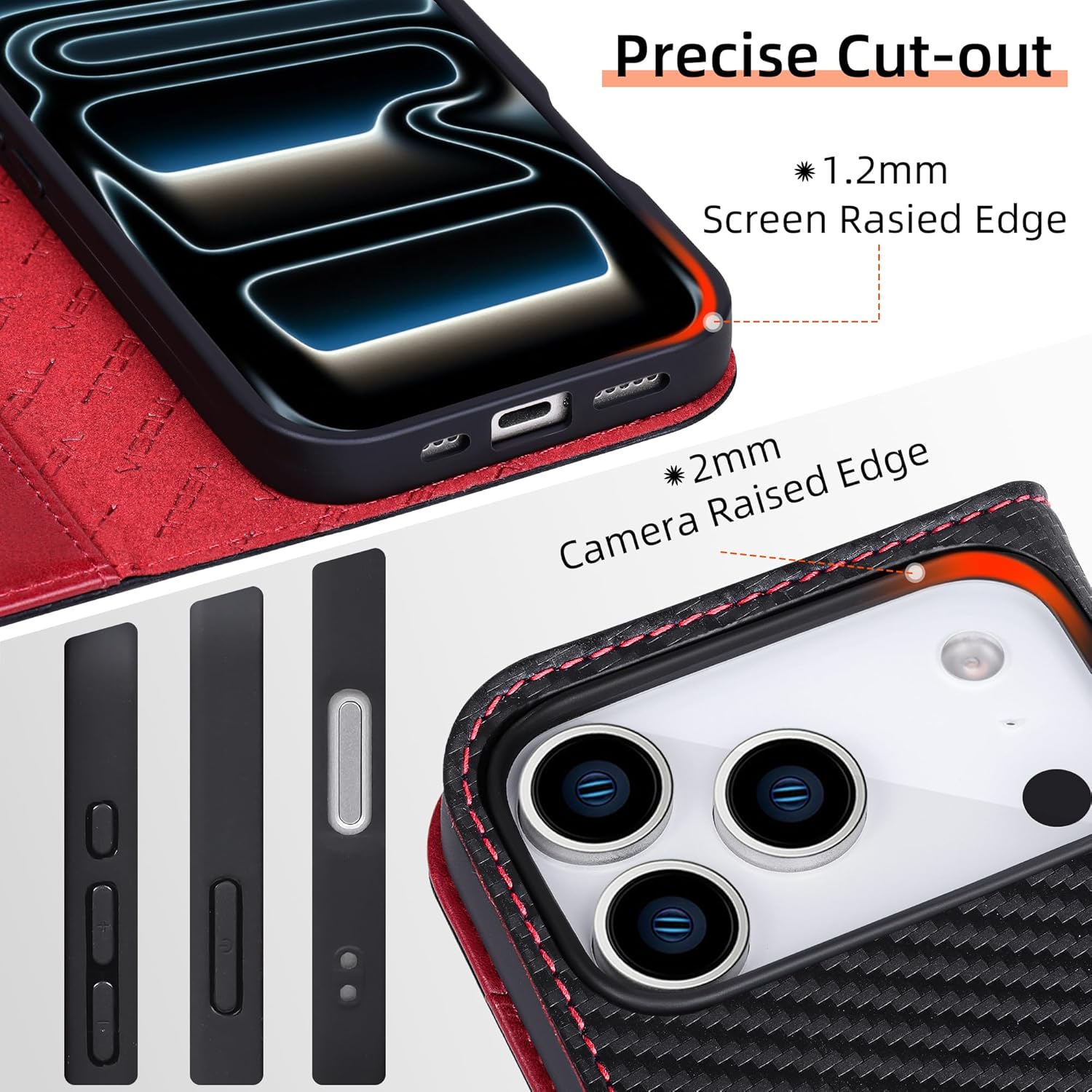 VISOUL Wallet Case for iPhone 17 Pro, Carbon Fiber Leather Wallet Magnetic Cover with RFID Blocking Card Holder Kickstand Flip Folio Case Compatible with iPhone 17 Pro (6.3-inch)-Black+Red