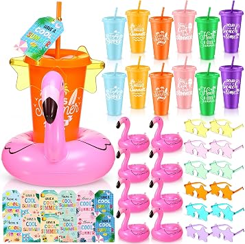 Realspring 12 Set End of Year Students Gift Bulk Summer Cups with Flamingo Drink Holders Lids Straws Star Sunglasses Gifts Cards Inflatable Summer Beach Pool Toys for Birthday Vacation Party Supplies
