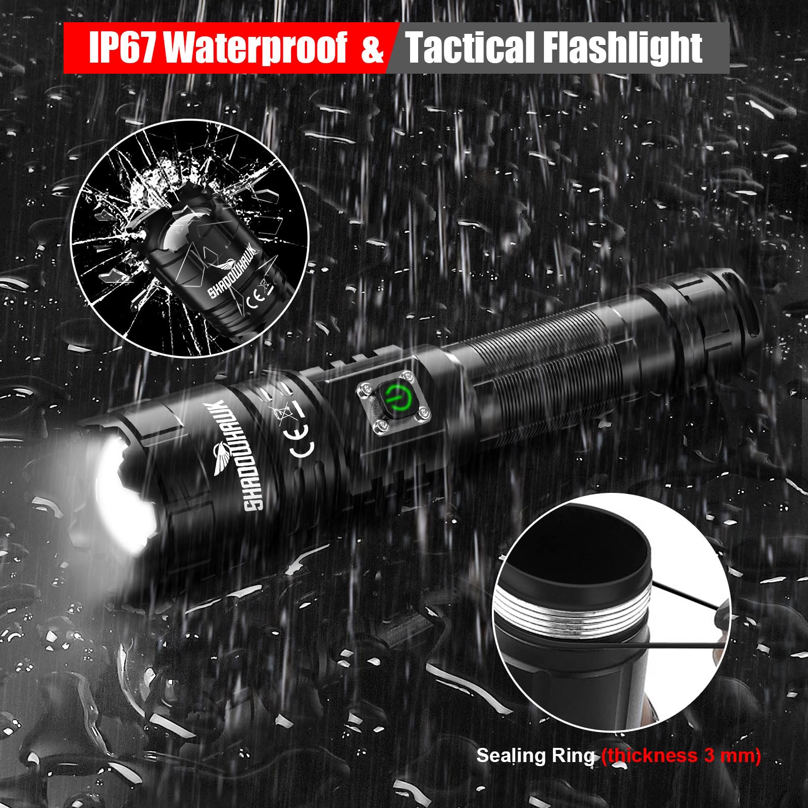 Shadowhawk Flashlight Rechargeable, Tactical Flashlight 250000