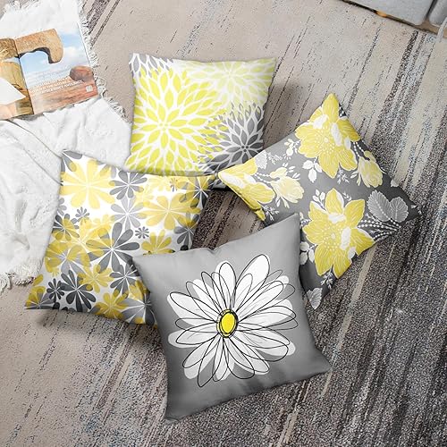 Miniatura 5 de Emvency Juego de 4 fundas de almohada grises y amarillas, diseño de margaritas modernas con bonitas flores blancas para sofá de mano, fundas de