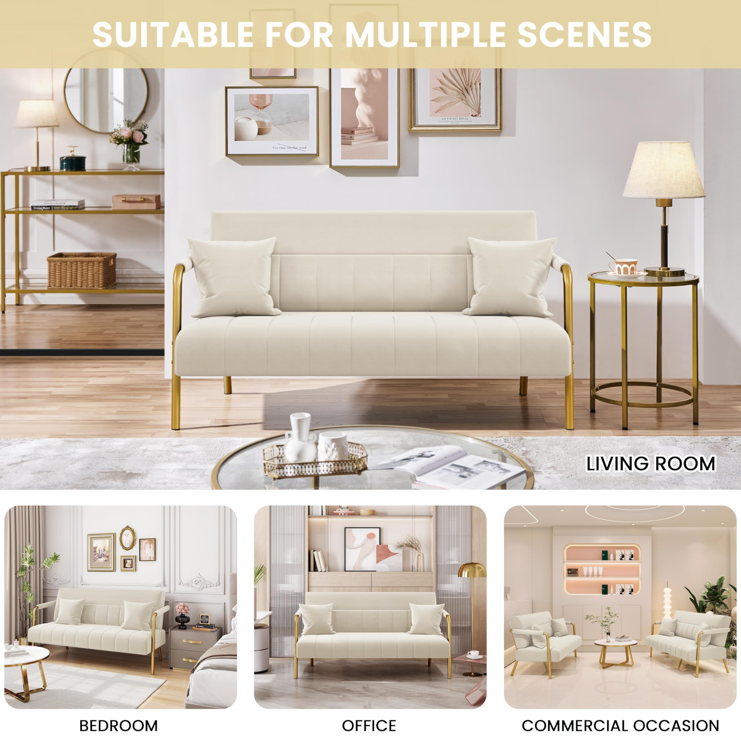 Yaheetech Polstersofa mit Armlehnen & Beine aus Metall Modernes Zweisitzer-Sofa mit 2 Lendenkissen Loveseat fürs Wohnzimmer, Heimbüro Beige