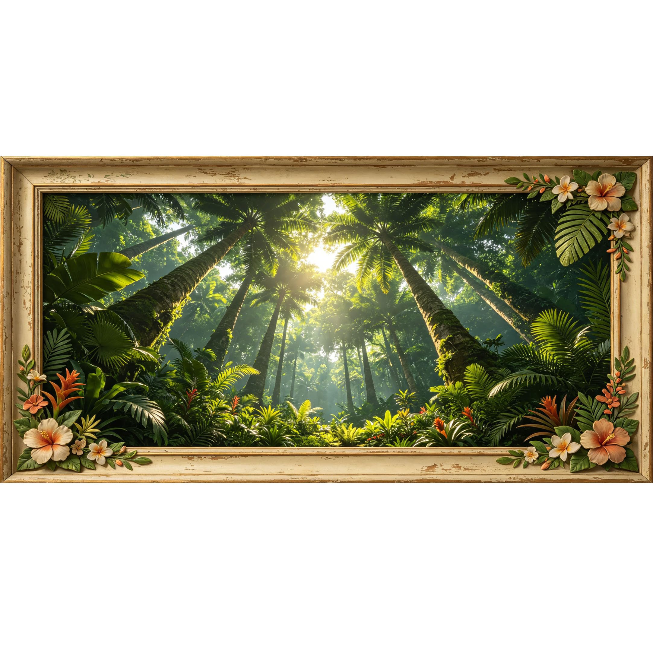 Agglomerix 3D Framed Wall Art Tropical Palm Tree Forest Botanical Sunlight Leaves Flowers Relief Effect Large Size SelfAdhesive Removable Wall Decor Prints Artwork for Living Room Bedroom Office