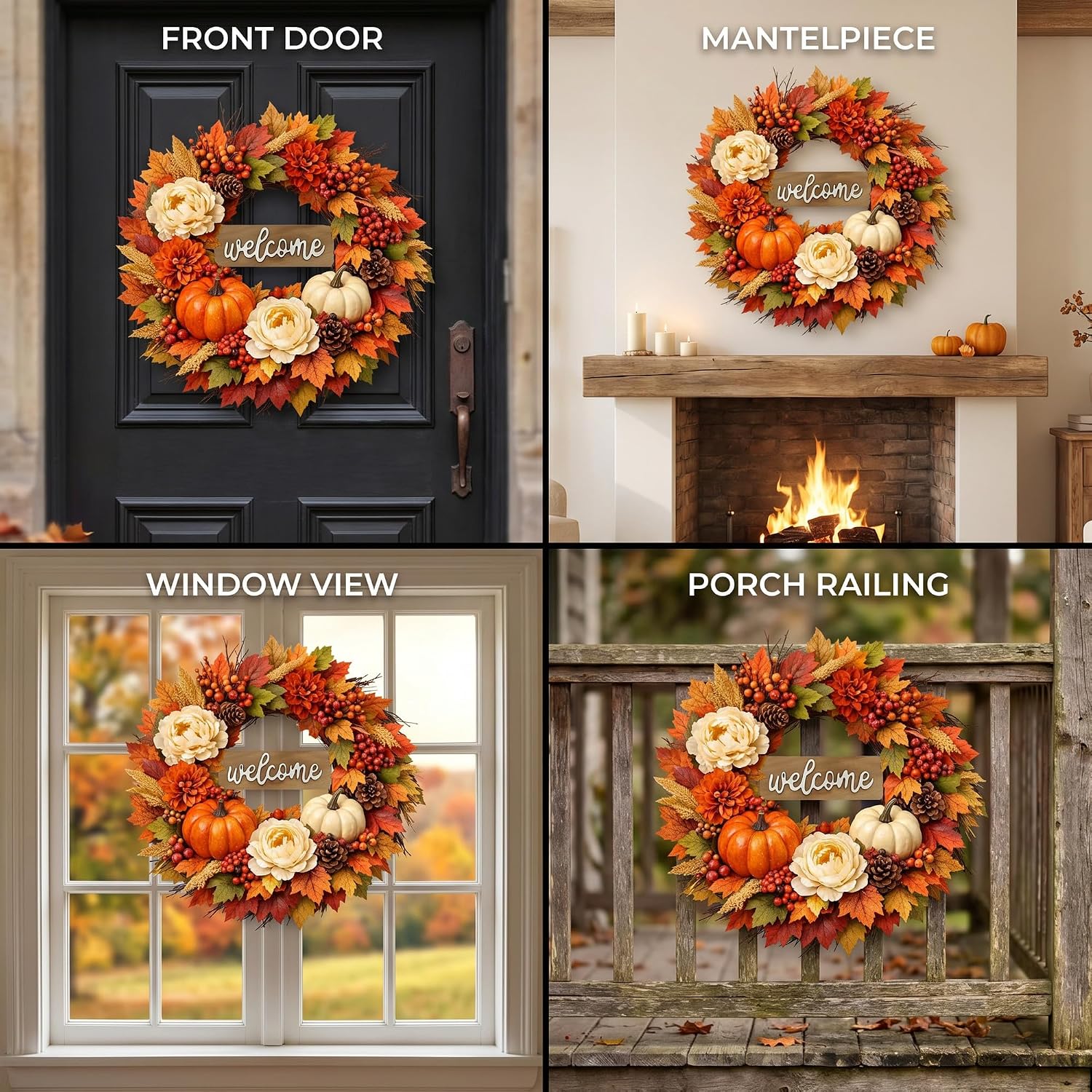 24 Inch Fall Wreaths for Front Door with Welcome Sign.