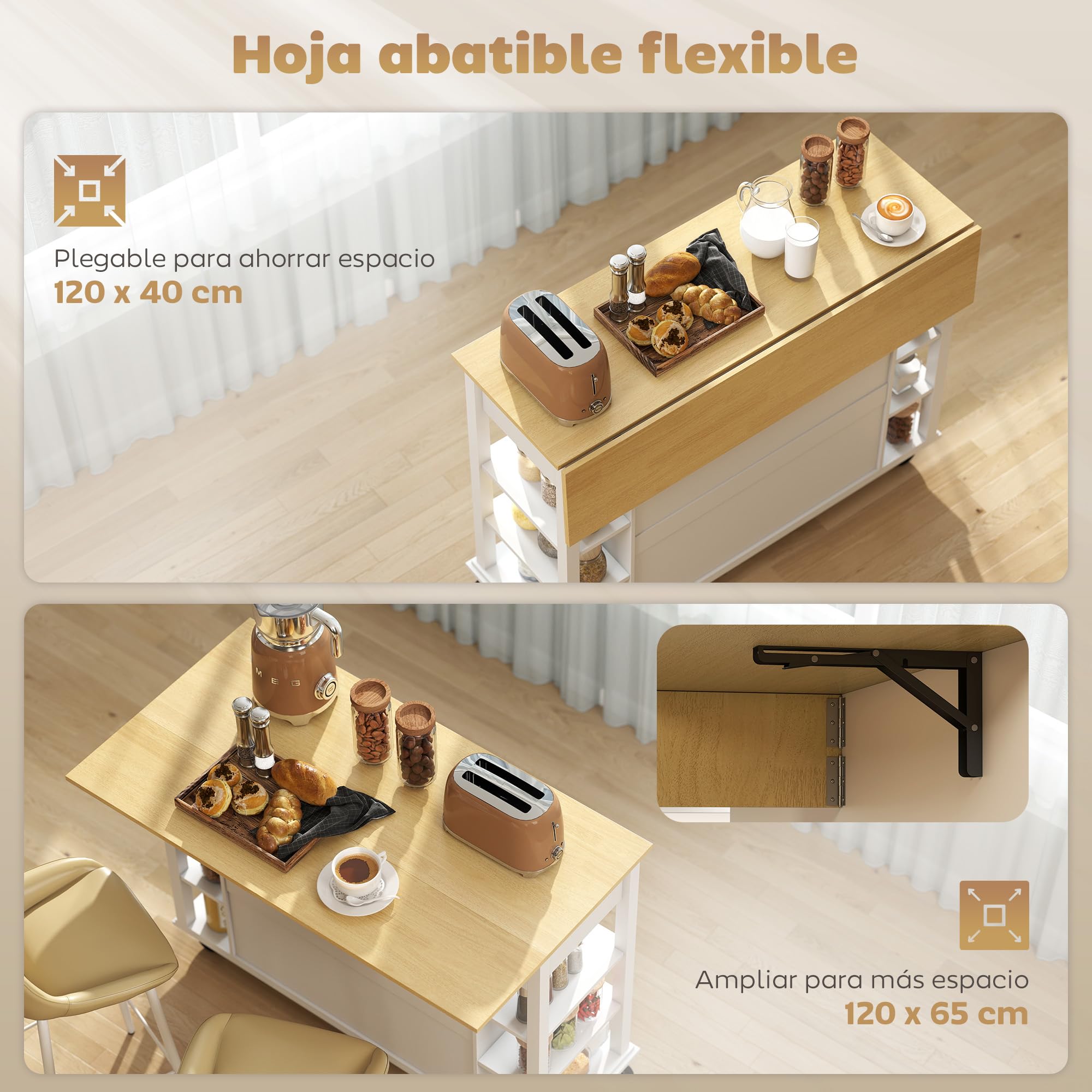 HOMCOM Isla de Cocina con Ruedas, Encimera Plegable, Carro de Cocina con 2 Puertas con Cierre Suave, 2 Cajones, 6 Estantes Abiertos, Blanco
