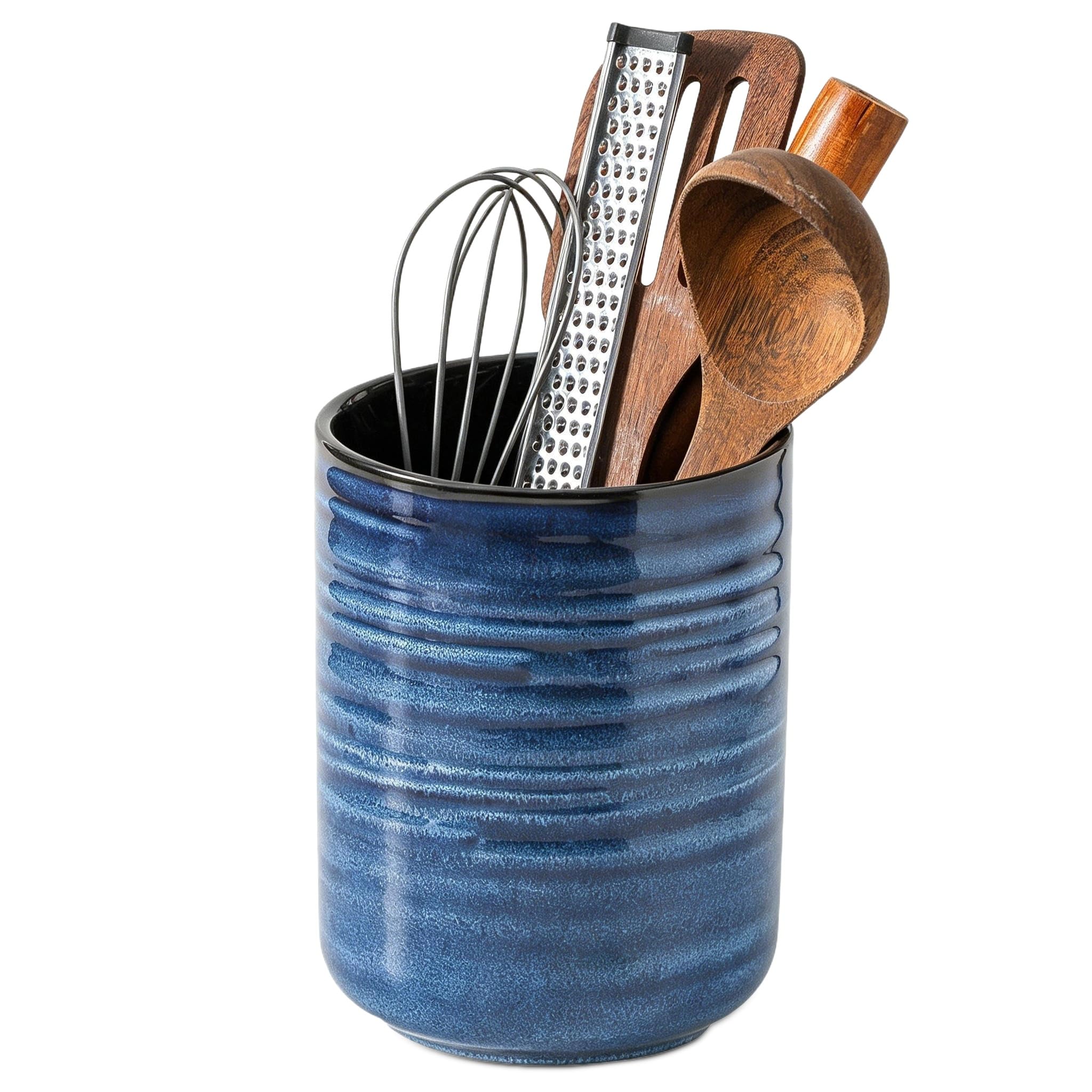 HASENSE Großer Keramik-Utensilienhalter, 18,8 cm, Küchenutensilien-Topf für Arbeitsplatte, moderner Bauernhaus-Utensilien-Organizer für Kochutensilien-Set, blaue Küchendekoration