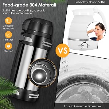 Flask for Hot Drinks, 2L Stainless Steel Thermal Bottle with Cup, Large Capacity Vacuum Insulated Flask Leakproof Hot Water Bottle with Adjustable Handle for Outdoor Travel Hiking Camping