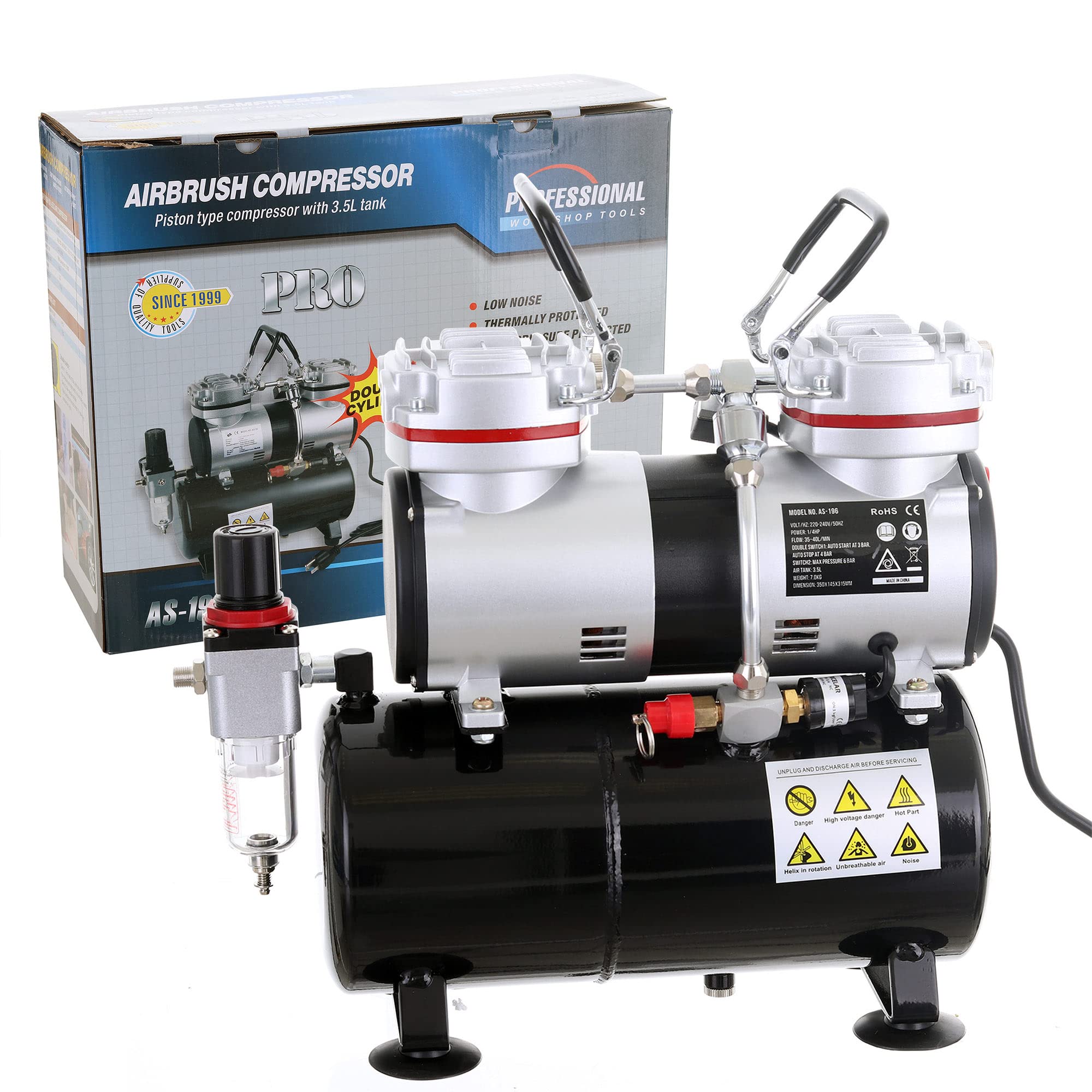 Compresor de aire de dos cilindros con depósito, filtro de aire regulador, ventilador.