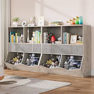 Amyove 2 Set Kids Bookshelf and Bookcase Toy Storage Multi Shelf with Cubby Organizer Cabinet and Drawers for Boys Girls, for Children's Room, Playroom, Hallway, Kindergarten, School (Grey)